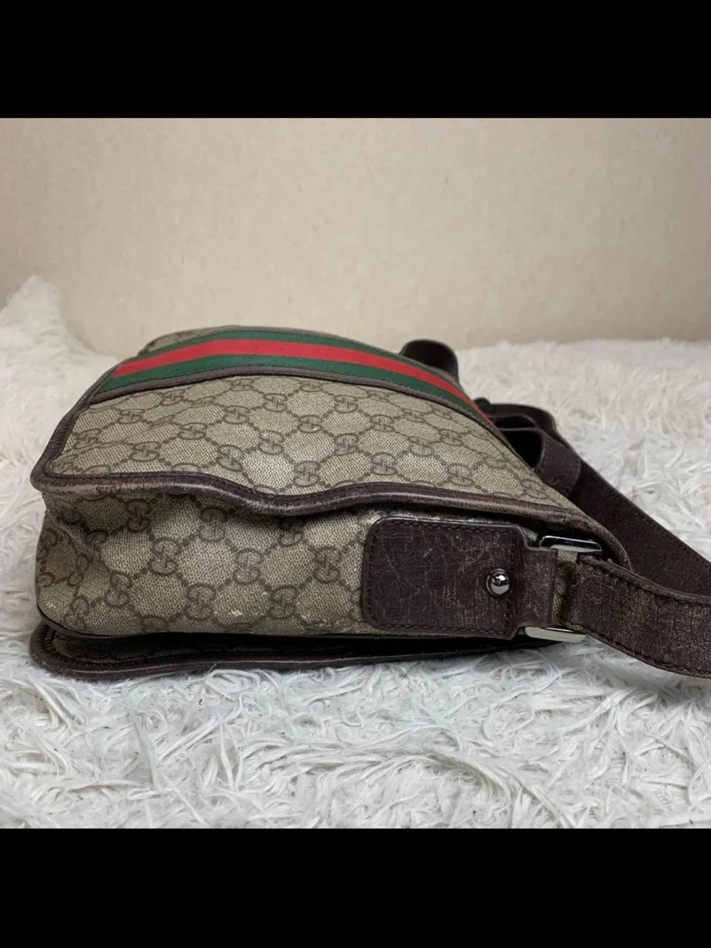 Gucci Brown Monogram Messenger Bag with Red & Green Center Stripe
